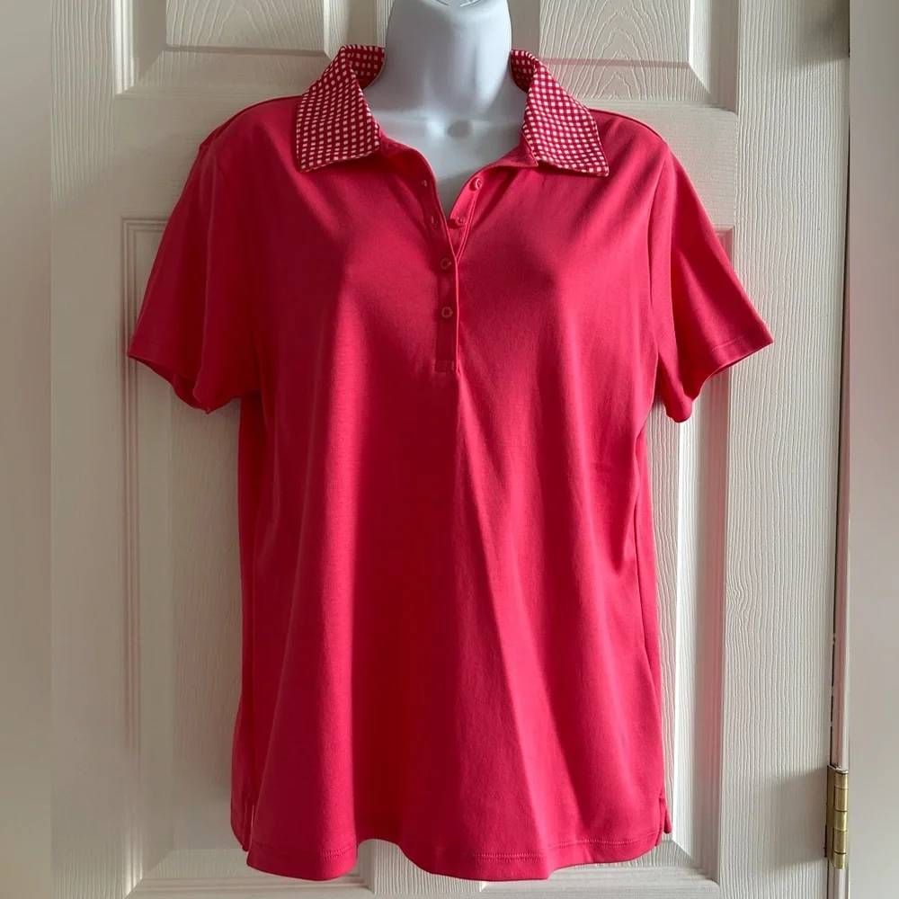 Women’s Lands' End Supima Cotton Polo Shirt in Rouge Pink Gingham - Picture 2 of 8